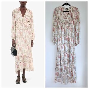 NEW The Kooples 100% Silk Floral Ruffle Trim Maxi Dress in English Roses Size S